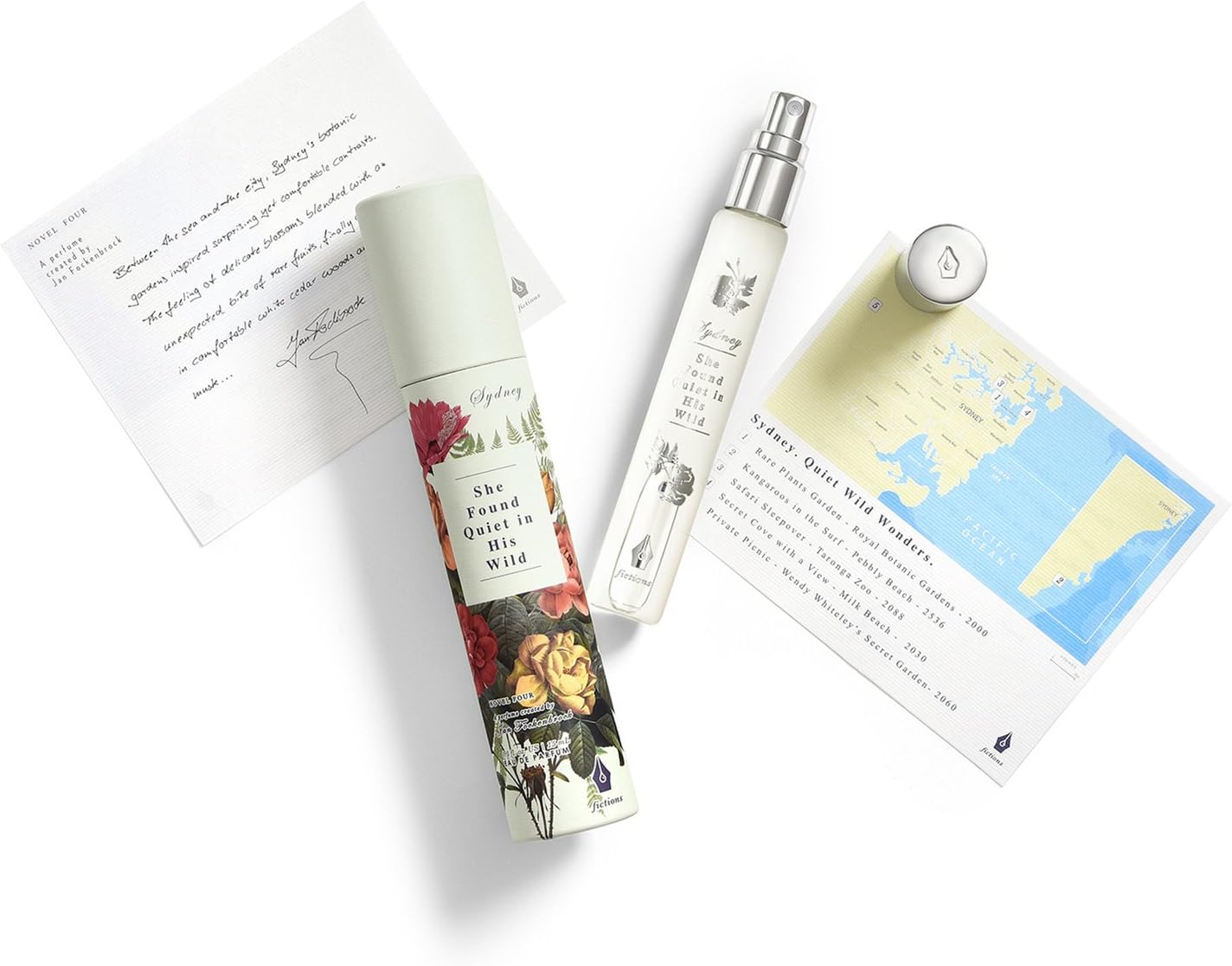 Fictions Mini Perfume Spray - Sydney. She Found Quiet in His Wild - By Jan Fockenbrock - Persimmon, Sparkling Pear, Peach Blossom, White Cedar, Creamy Musks - Travel Size - 0.5 oz