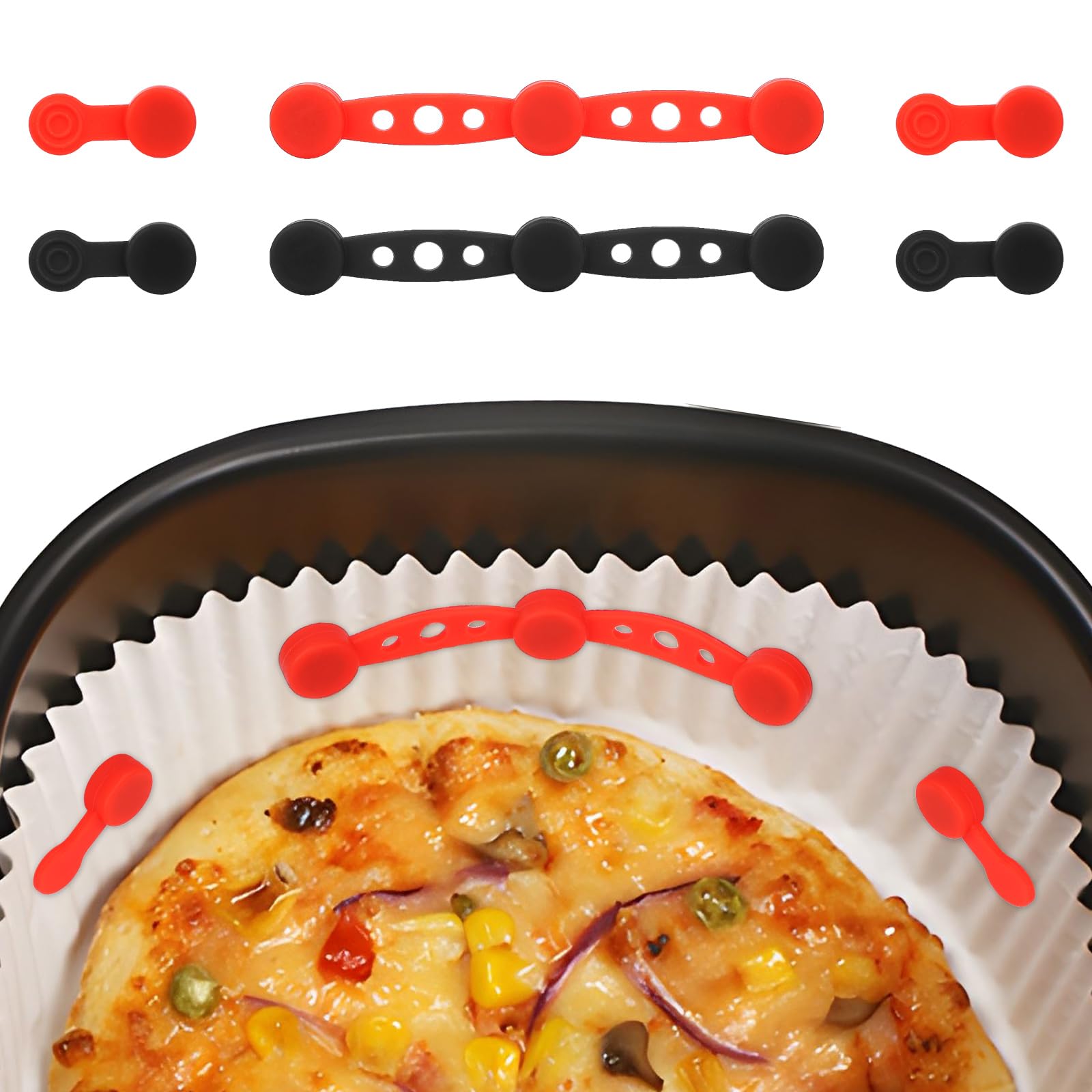 Photo 1 of 2 Sets Air Fryer Magnet Silicone Buckle, Reusable Air Fryer Liners Holder for Securing Parchment Paper in Place Prevent Lifting and Burning (Black, Red)