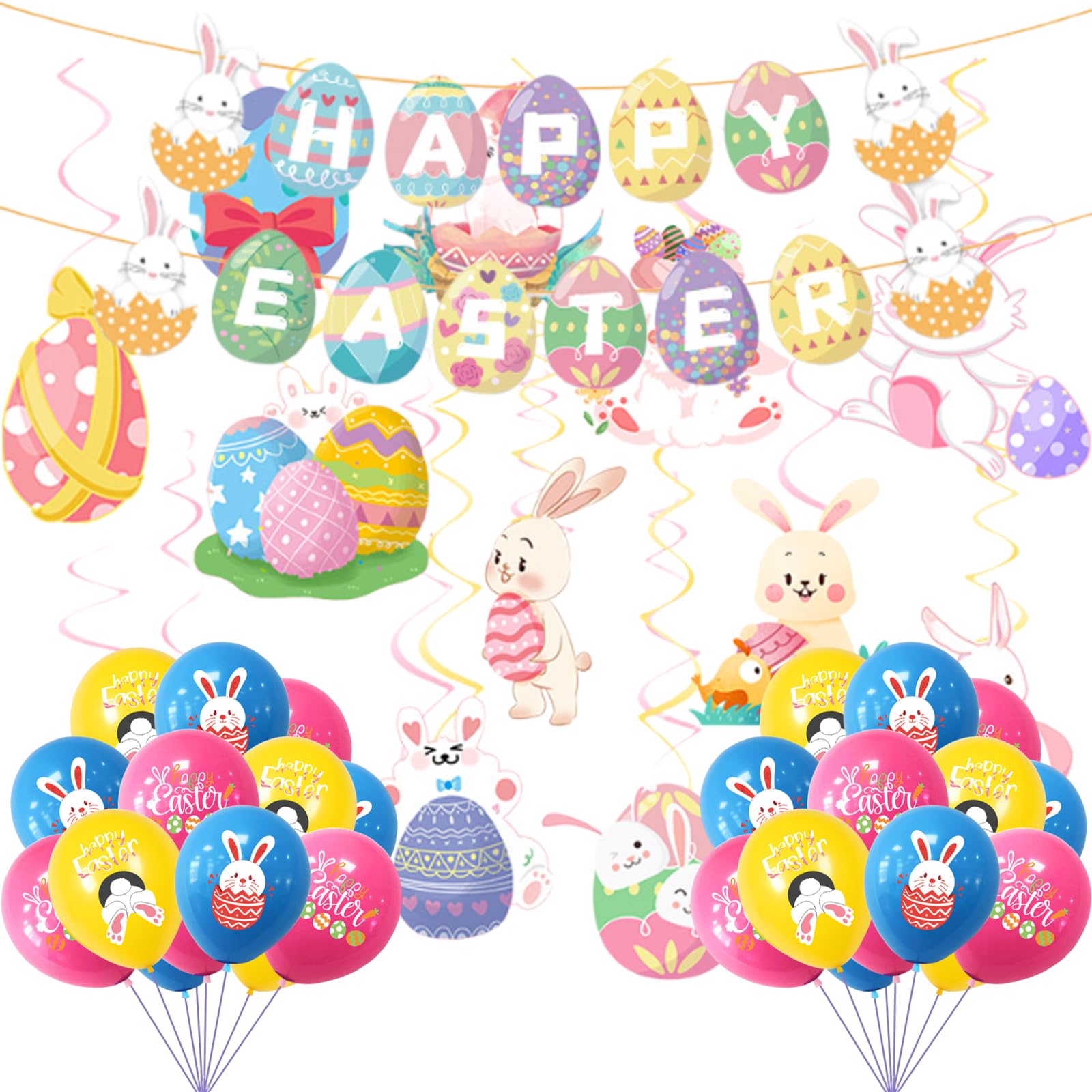Easter Decorations, Bunny Decorations Hanging Swirls & Banner & Balloons, Easter Decorations Home for Easter Garden Decoration, Easter Party Supplies