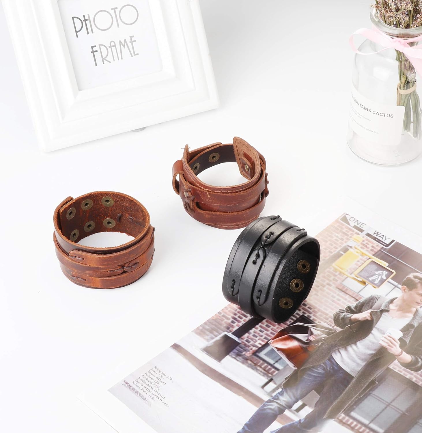 FINREZIO 3 Pcs Leather Cuff Bracelets for Men Women Punk Rock Braided Bracelet Warp Brown Black Wristbands Handmade Jewelry: Jewelry