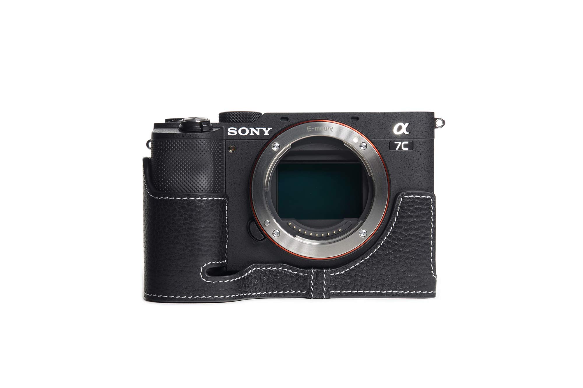 A7C Case, Zakao Handmade Genuine Real Leather Half Camera Case Bag Cover for Sony Alpha A7C 7C Bottom Opening Version With Hand Strap (Black)