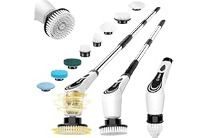 LXLU Electric Spin Scrubber, Shower Scrubber with 8 Brush Heads with Adjustable Extension Handle, 2H Power Dual Speed, Power Brushes with IPX7 Waterproof for Kitchen, Sink, Bathroom, Tile, White-rx1