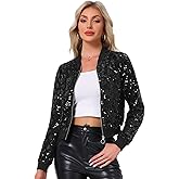 Allegra K Women's Sequin Jacket Bomber Long Sleeve Zipper Shiny Glitter Tops Sparkly Party Slitter Outfit