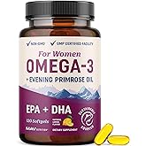 Fish Oil Omega 3 Supplements for Women | DHA + EPA | Heart Health, Hormone Balance, Skin & Wellness Support | 600MG Omega3 + 800MG Evening Primrose Oil | Omega 3 Supplement for Women | 120 Ct.