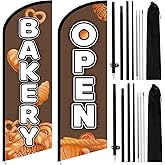 Frienda 2 Pcs Bakery Open Flags Set: Include 8.2ft 1 Bakery Feather Flag Sign and 1 Open Feather Flag with Pole and Ground Stake Business Custom Banner for Baking Shop Outdoor Advertising
