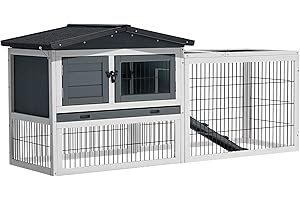 Buymoth Rabbit Hutch Outdoor Rabbit Cage with 2-Level Area, Waterproof Roof, 4 Access Doors, Non-Slip Ramp Guinea Pig Cages Chicken Coop for Small Animals