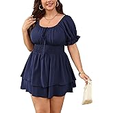 SCOMCHIC Women Plus Size Romper Dress Summer Short Jumpsuit Square Neck Puff Sleeve High Waist Ruffle Boho Jumpsuits