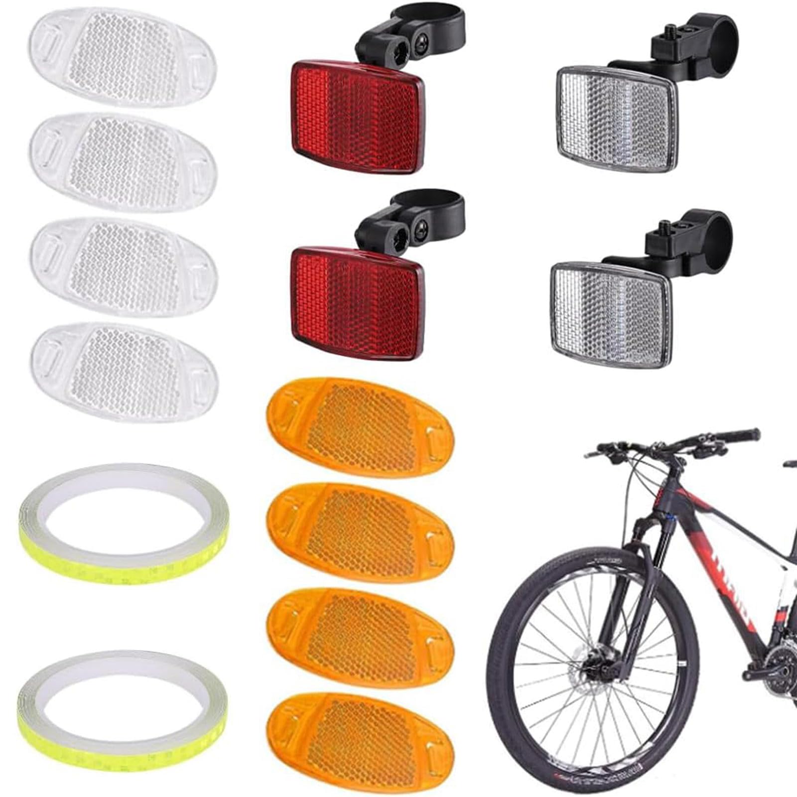 JYTDBCS Bicycle Reflector, 14 PCS Bike Reflectors Front and Back, Bicycle Wheel Spoke Reflectors Bracket with 8 m Reflector Band for Motorcycle Mountain Bike MTB Bicycle Children White Red Yellow