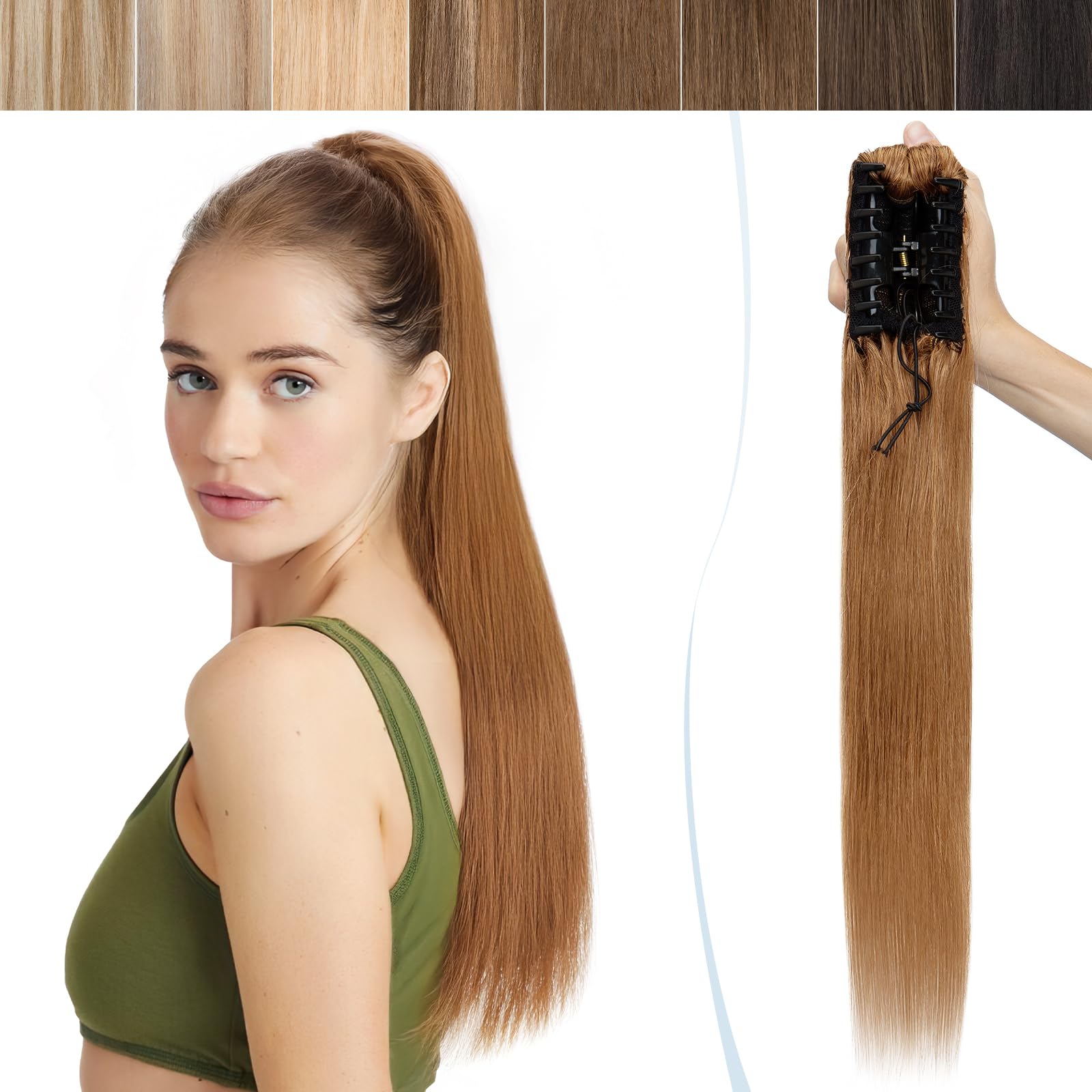 16 inches SEGO Claw Clip in Ponytail Hair Extension Real Human Hair [#6 Light Brown] 100% Remy One Piece Clip on Hairpieces Straight (105g)