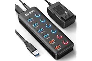 Powered USB Hub, Wenter 6-Port USB 3.0 Hub Splitter (4 USB 3.0 Data Ports + 2 QC 3.0 Fast Charging Ports) with Individual LED On/Off Switches, USB Hub 3.0 Powered with 36W AC Adapter for Mac, PC