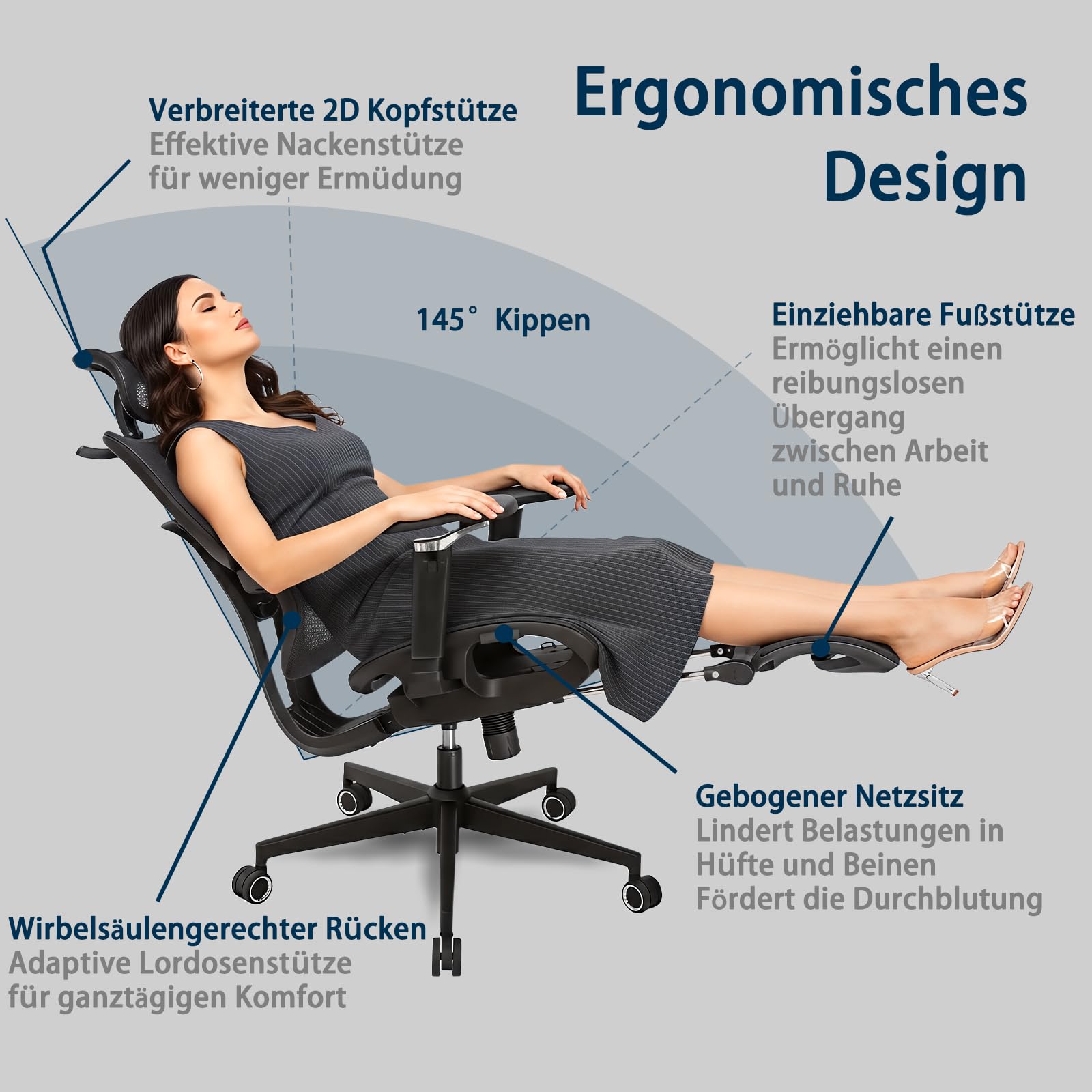 Rieior Ergonomischer Bürostuhl Große und Schwere mit Fußstütze, 5D Verstellbare Armlehnen, Lendenstütze, Netz-Rückenlehne, Verstellbare Sitztiefe, Drehbarer Gaming Stuhl Schwarz 3