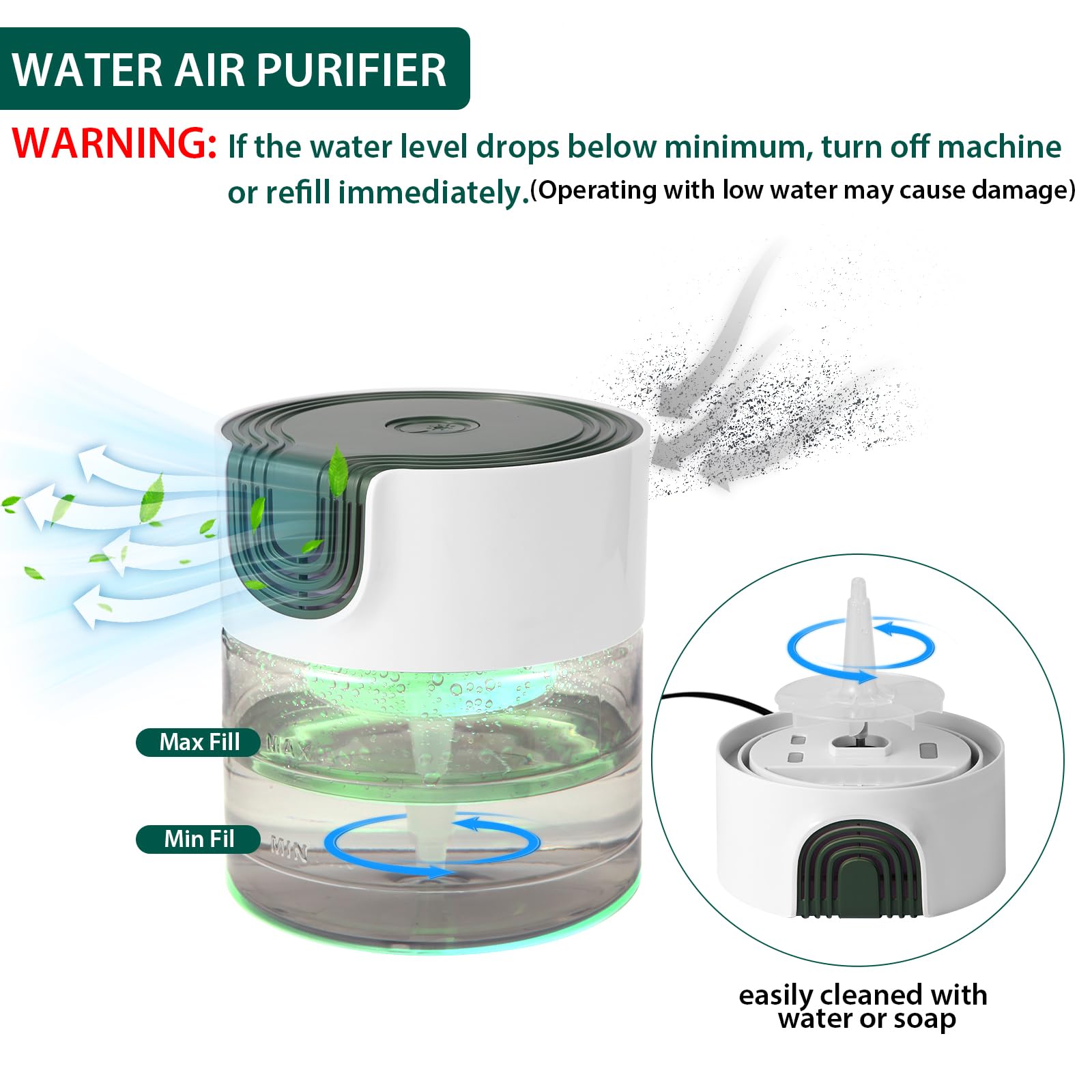 Water Air Purifiers for Home, Quiet Variable Speed Water Based Air Purifier with 7 Color Night Light, Air Washer Humidifier for Home, Bedroom, Office, Pet Odors
