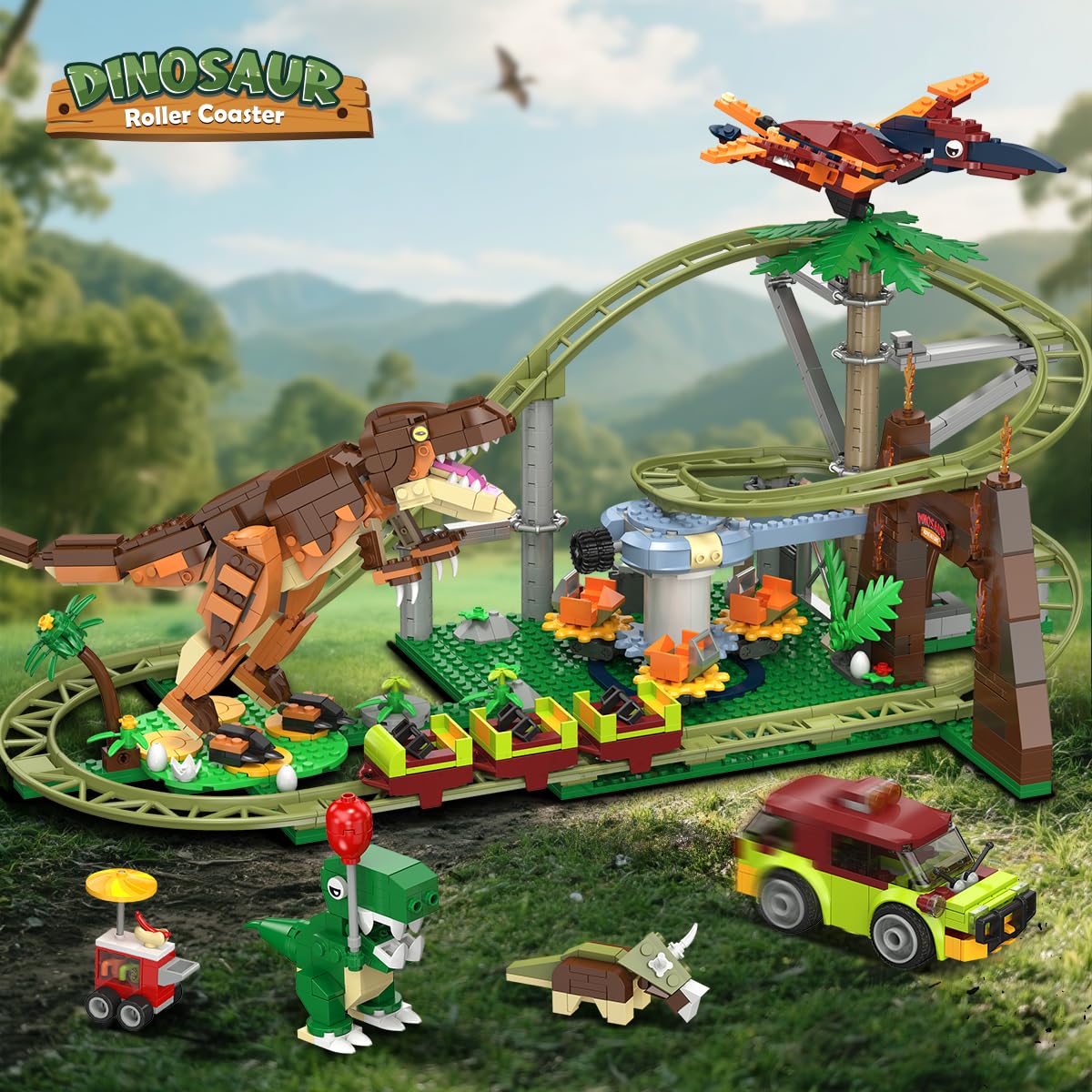 HOGOKIDS Dinosaurier Achterbahn Bausteine Spielzeug – 1222pcs Achterbahn Bauspielzeug mit 4 Dinosauriern, Geländewagen, Dinosauriermodellen, Geschenk für Erwachsene, Mädchen Jungen ab 8 Jahren 2