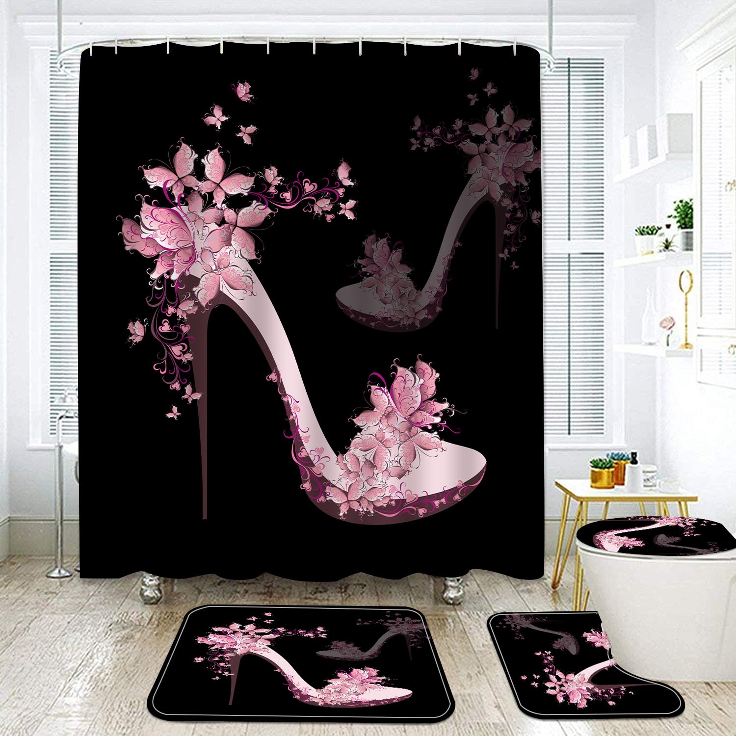 Black Shower Curtains with Rugs Sets,4 Pcs High Heels with Flowers Bathroom Decorations with Toilet Lid Cover Non-Slip Rug Bath Mat and Waterproof Shower Curtain with 12 Hooks, 71 Size Long (Black)