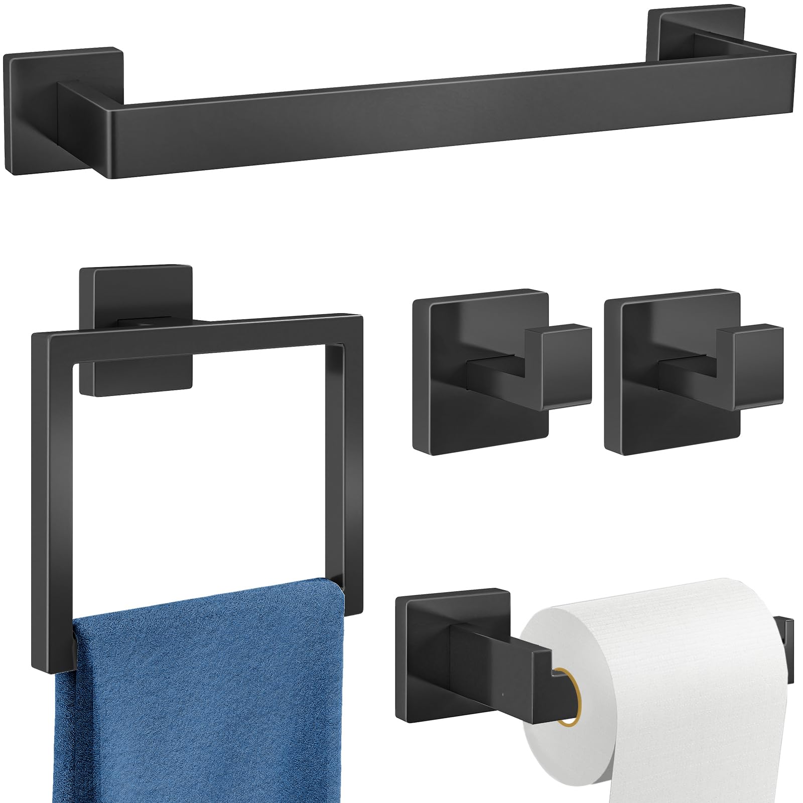 Photo 1 of Gypie 5-Piece Bathroom Hardware Accessories Set, Towel Racks for Bathroom Wall Mounted Stainless Steel, Matte Black Towel Bar Set 16In