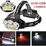 LED Headlight Headlamp 15000LM 3x XM-L T6 LED +1xCOB Head Torch Outdoor Rechargeable 3 Modes Day White Light Red Light Flashlight Headlight Camping Emergency Light