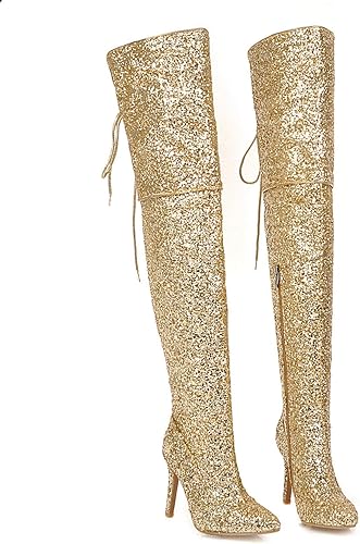 Amazon None Brand ニーハイブーツ レディース ロングブーツ 高筒靴 スパンコール ハイヒール 大きめ ストレッチ 防滑 脚長 効果 膝上 大きいサイズ 大人 低身長 美脚 パーティー 編み上げ コスプレ靴 秋冬 赤 金 黒 None Brand ブーツ ブーティ