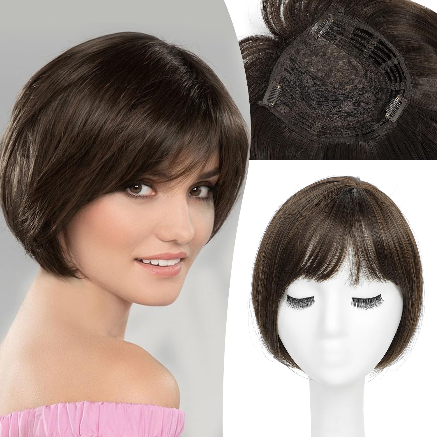 Flyroseing Mixed Dark Brown Hair Toppers for Thinning Hair Women Real Hair, Synthetic Straight Hair Topper Short Bob Hair Toppers with Bangs Side Part Hair Topper for Women