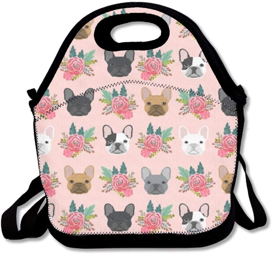 Polyester Lunch Bag Large French Bulldog Flowers Florals Insulated Lunch Bag Insulated Lunch Tote for School/Office/Picnic