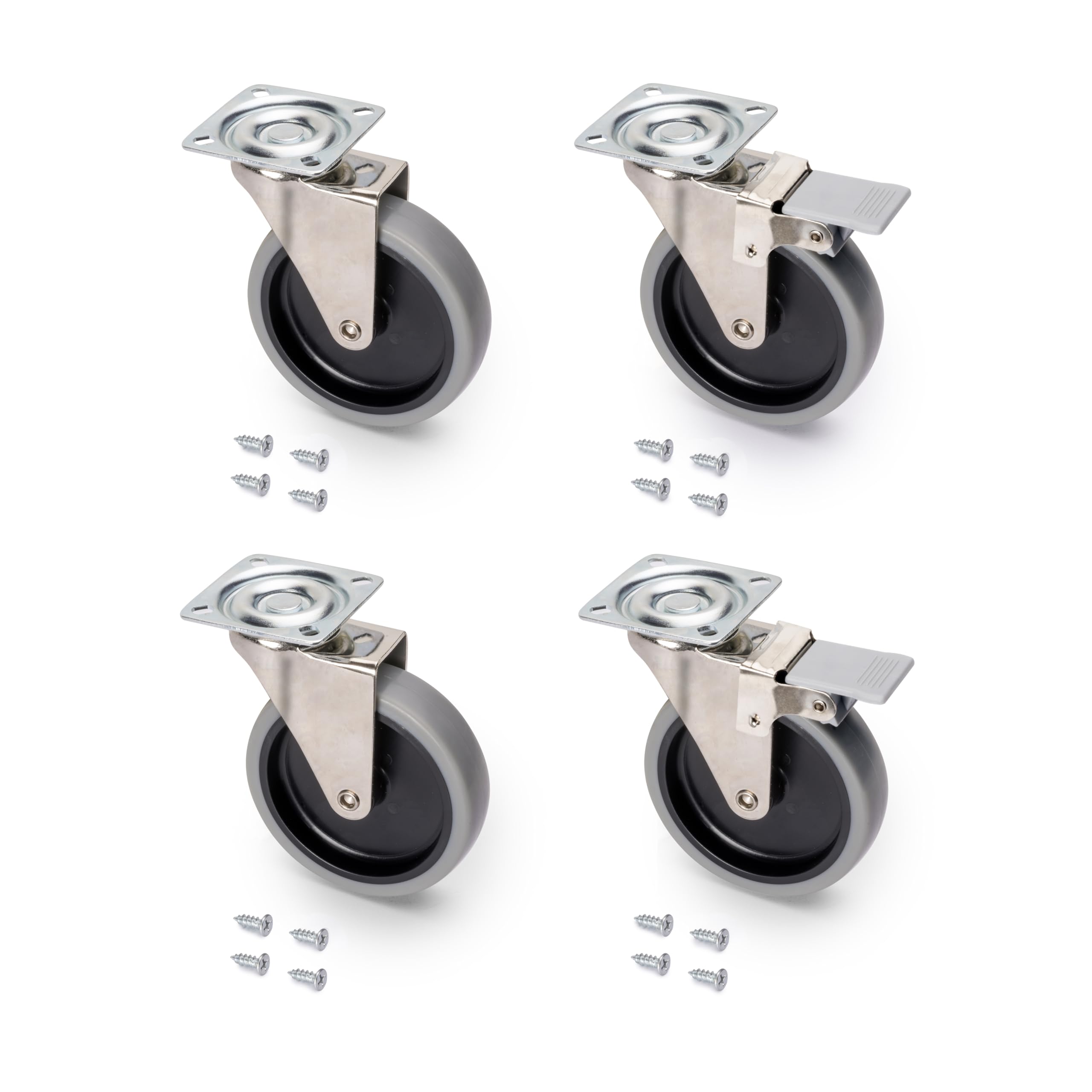 Emuca - Set of 4 Swivel Castors for Furniture, 2 with Brake & 2 without Brake, 100mm (4 inch) Wheel Diameter, 70kg (154 lb) Load Capacity per Caster, Zinc Plated Steel, Grey
