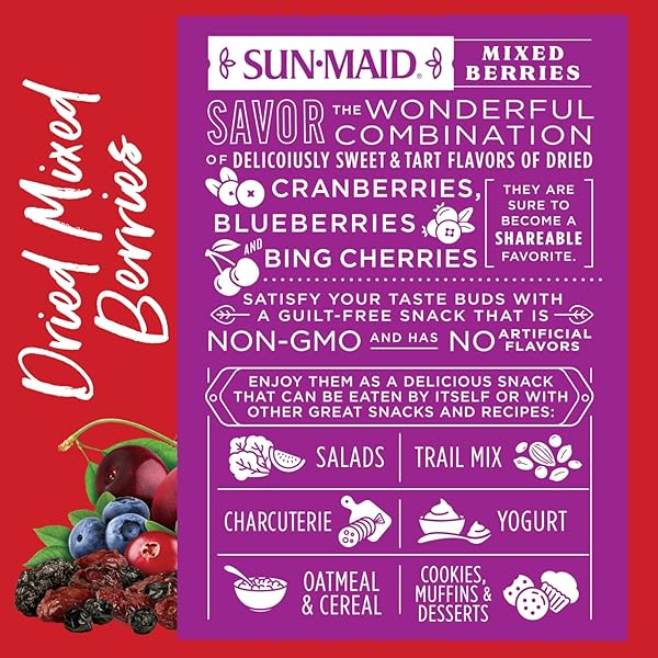 SUN-MAID DRIED MIXED BERRIES – 15 OZ RESEALABLE BAG – DRIED CRANBERRIES, CHERRIES, BLUEBERRIES – HOLIDAY SNACKS AND CHARCUTERIE BOARDS