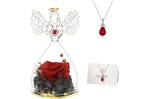 Lafloraita Mothers Day Rose Gifts for Women Mom Grandma Wife,Glass Angel Figurines with LED Light,Preserved Flowers Red Real Rose Necklace