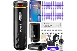 MAST TATTOO Mast Racer Pro Tattoo Gun Kit Cordless Pen Machine 20 Cartridges Needles 2 Batteries Power Supply Black Ink Complete Set