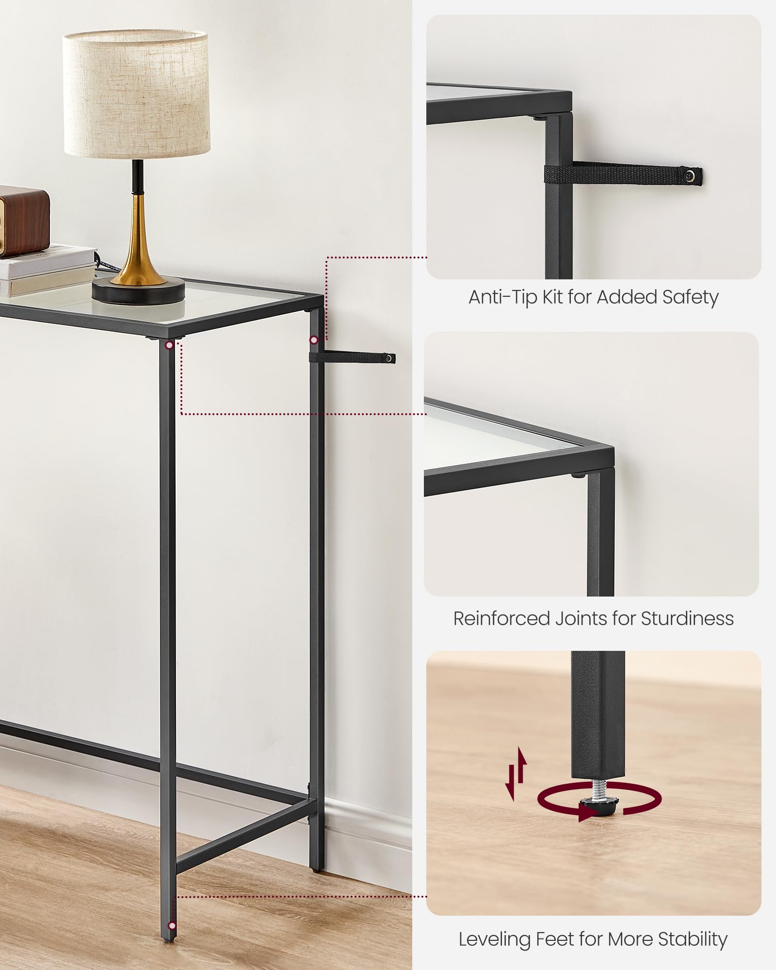 VASAGLE 39.4 Inches Console Table, Tempered Glass Sofa Table, Modern Entryway Table, Metal Frame, Easy to Assemble, Adjustable Feet, for Living Room, Hallway, Black ULGT026B01