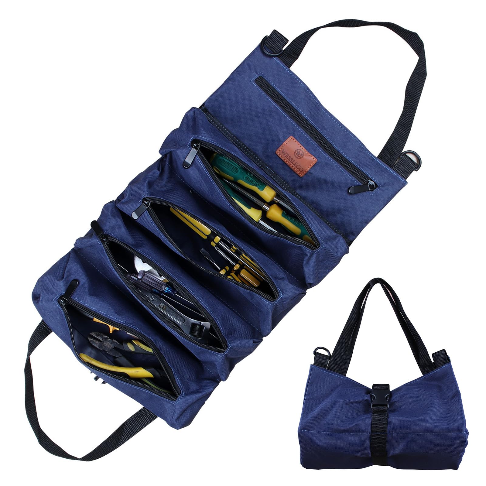 Tool Roll Bag, Canvas Tool Bag, Multi-Purpose Tools Box Organiser with 5 Zip Pockets, Ideal for Plumbers, Craftsmen and Electricians (Blue)