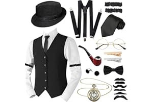 ACEHOME 1920s Mens Costume Accessories Set for Adult, Roaring Retro 20s Gatsby Gangster Costume Outfit with Vest Fedora Hat
