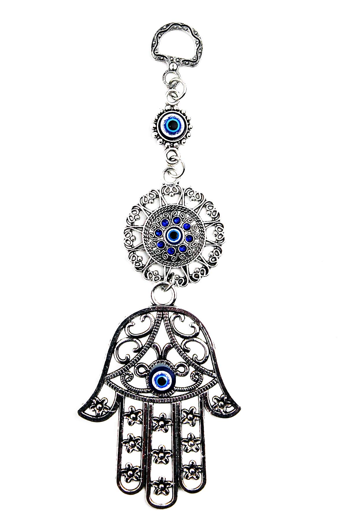 LUCKY EYE MAGIC LUCKBOOSTIUM Evil Flower Pendant w/Blue Crystal Stone & Hamsa Hand Amulet Hanging Ornament - Home Decor & Car Rear View Mirror Accessories - Gift for Men & Women (2.5”x7.5”)