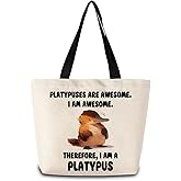 ZhuVantrix Funny Platypus Tote Bag Reusable Grocery Bags Cute Aesthetic Shopping Shoulder Handbag with Interior Zipper Pocket Lightweight & Washable Stylish Funny Platypus Present for Women