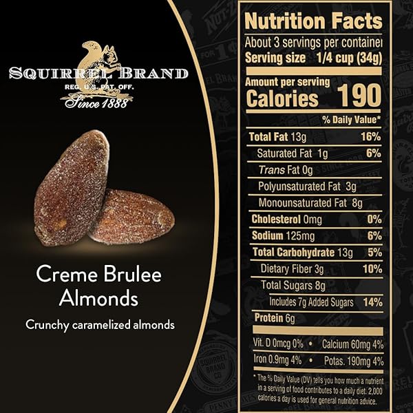 SQUIRREL BRAND CRÈME BRULEE ALMONDS, 3.5 OZ RESEALABLE BAG