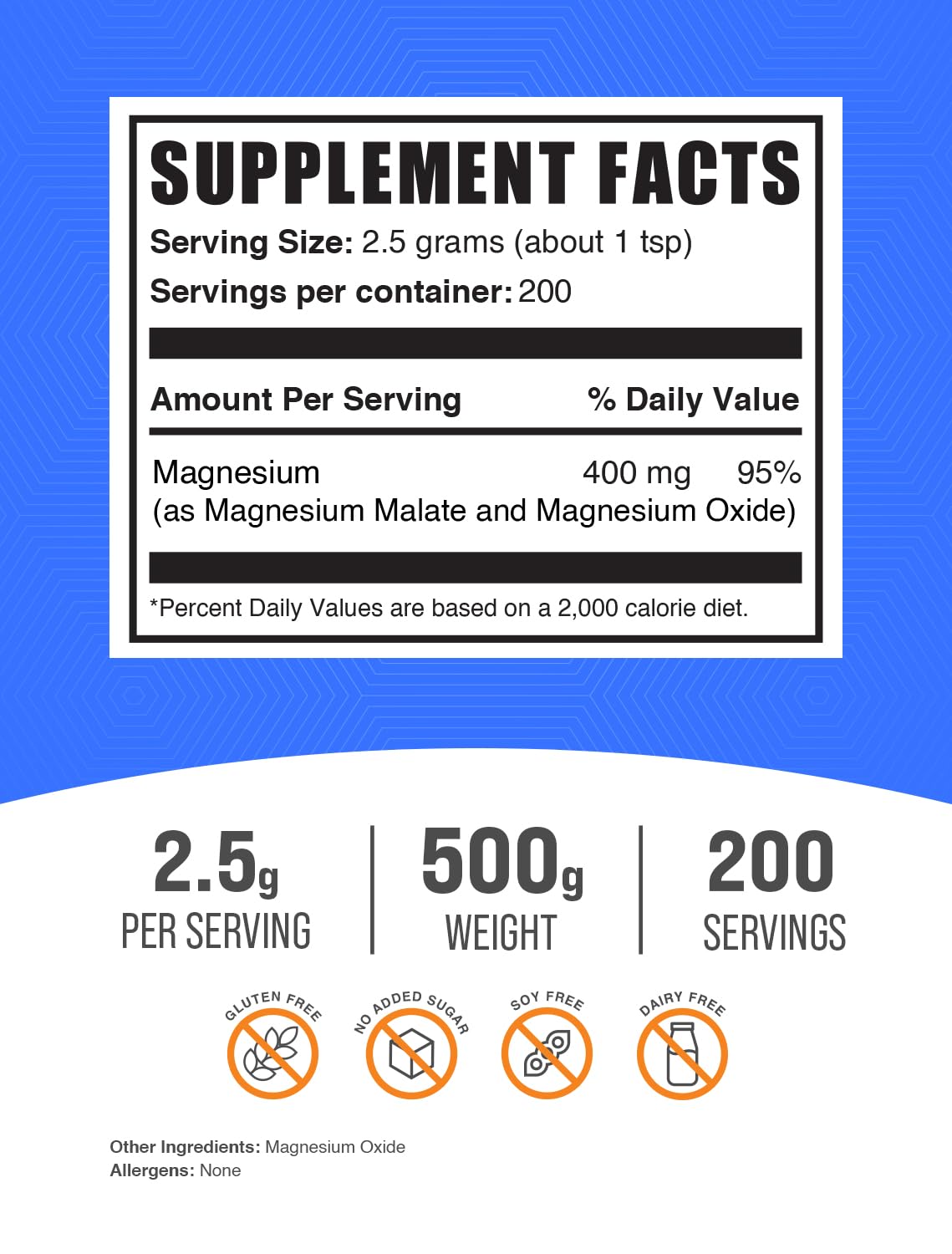 BulkSupplements.com Magnesium Malate Powder - Magnesium Supplements, High Bioavailabilty - Unflavored & Gluten Free, 2.5g per Serving, 500g (1.1 lbs) (Pack of 1)