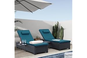 WAROOM Outdoor Chaise Lounge Chairs for Outside Patio Furniture Set of 2 Wicker Recliner Black Rattan Reclining Pool Lounge Chair Adjustable Backrest Lounger with Peacock Blue Cushion