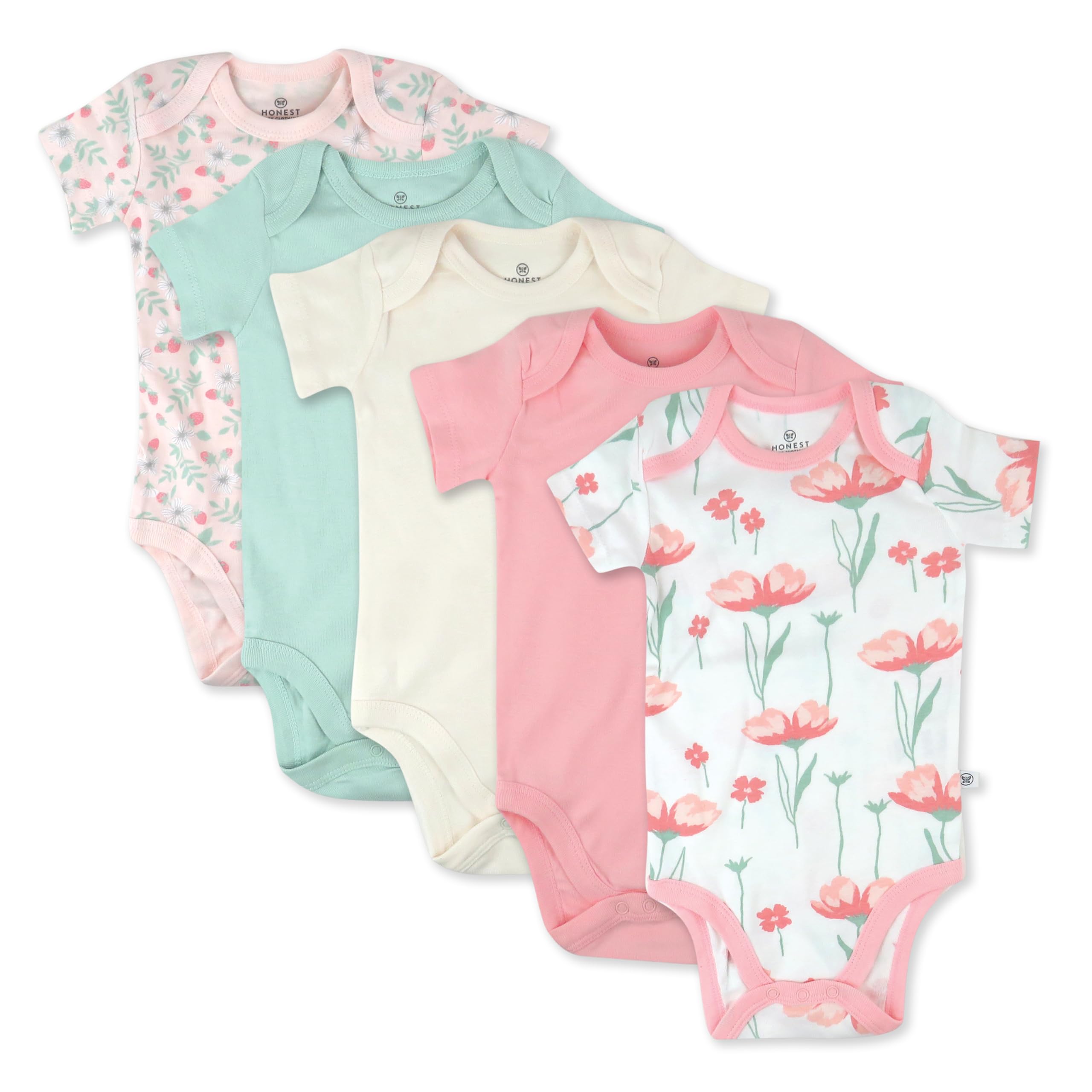 HonestBaby 5-pack Short Sleeve Bodysuits One-piece 100% Organic Cotton for Infant Baby Girls, Strawberry Pink Floral, 12 Months Image