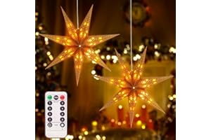MEETXMAS 2 Pack 26.8 Inch Paper Star Lantern Christmas Decor with Timer, 3D 8 Modes 7-Pointed Star Diwali Hanging Lights, Christmas Decorations Lamp Indoor for Birthday Wedding Party (Champagne)