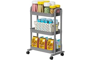 KdbK 3 Tier Rolling Cart Organizer, Multifunction Kitchen Storage Cart with Lockable Wheels, Small Rolling Utility Cart, Mobile Shelving Unit Shelves for Bathroom, Laundry, Living Room, Gray