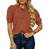 Saodimallsu Womens Puff Short Sleeve Sweater Tops Ruffle Crew Neck Button Up Casual Loose Knit Pullover Sweaters