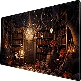 Medieval Bookshelf Desk Pad Mat Vintage Gothic Bookcase Bookshelf Deskpad Large Gaming Flower Mouse Pad XXL Plant Keyboard Mouse Pads Large 31.5x15.8 in-with Stitched Eges Non-Slip Base Mat