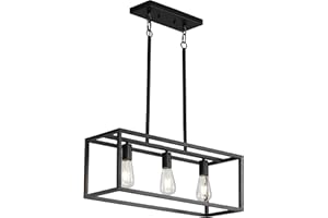XISLTHOTSL Black Kitchen Island Lighting, Modern Linear Cage Retangular Chandelier, 3 Lights Industrial Metal Hanging Light Fixture for Farmhouse Kitchen Dining Room Bar Foyer