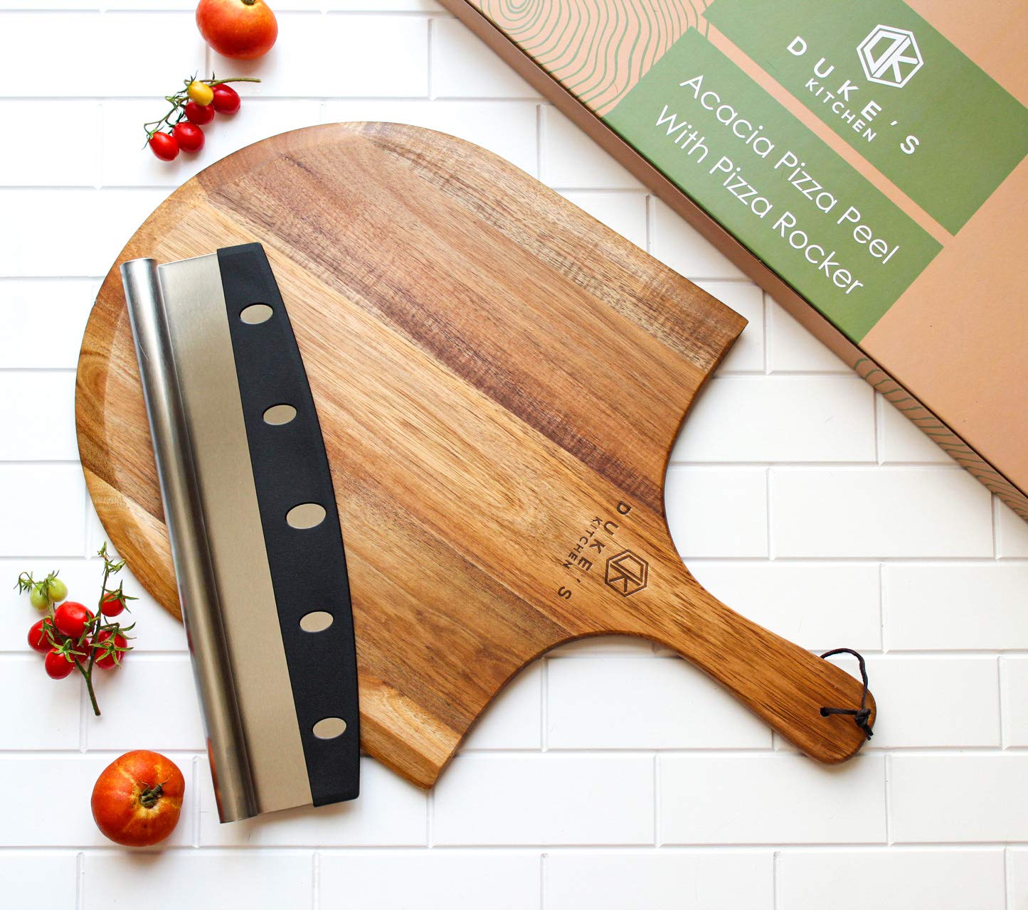 DUKE'S KITCHEN- Premium Acacia Pizza Peel (Extra Large) and Rocker Blade Pizza Cutter Set, Gourmet Wooden Pizza Paddle/Spatula/Board, Size 14" W x16" L, 22" L Overall including handle
