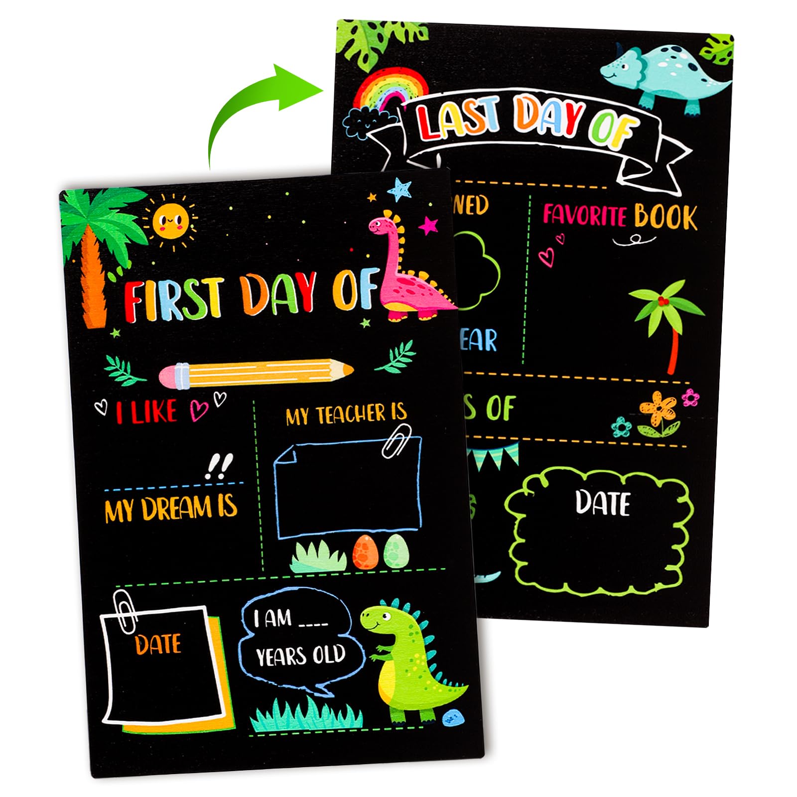 Dinosaur Theme First and Last Day of School Board, Multicolor Chalkboard Classroom Blackboard Decor Reusable School Chalk Board Sign Photo Prop for Starting Gift