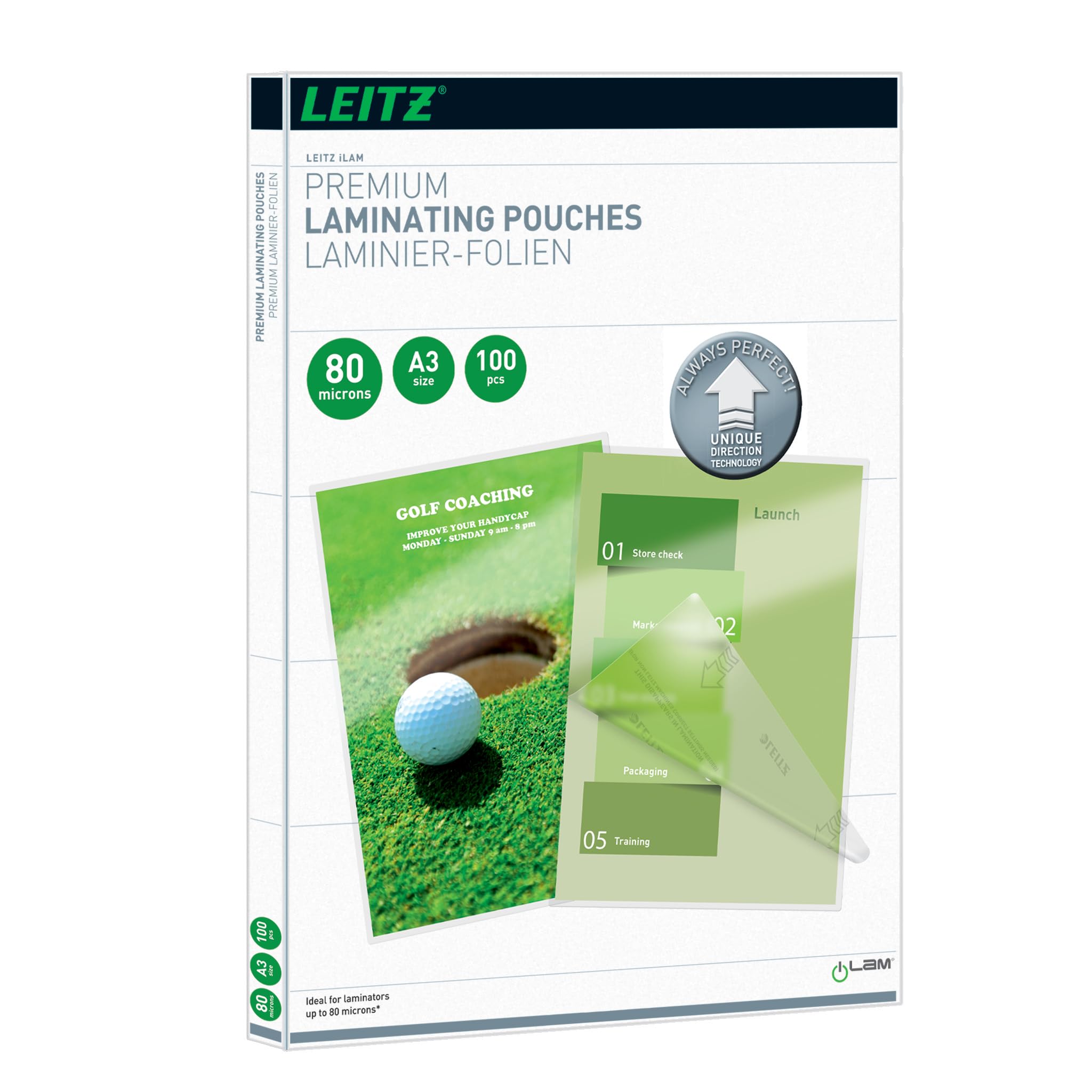 Leitz 74850000 Laminating Pouches Made of 80 Micron Thick Material (Transparent, Glossy, A3 and UDT), Pack of 100