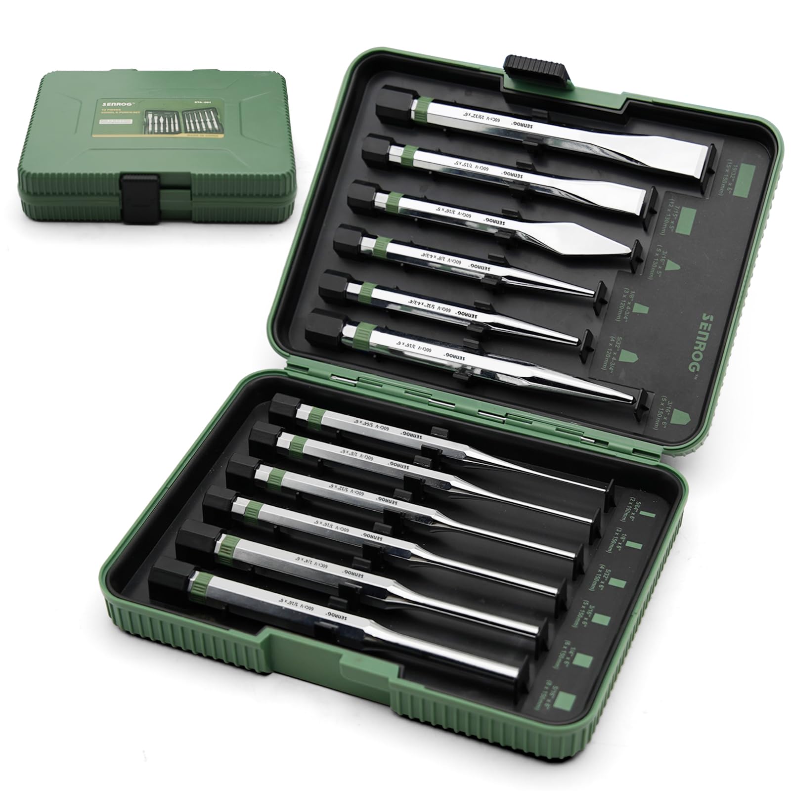 SENROG 12-Piece Punch and Chisel Set, Including Pin Punch, Cold Chisel, Taper Punch, Center Punch, Carrying Case, Widely Used in Factories, Repair Shops, Home
