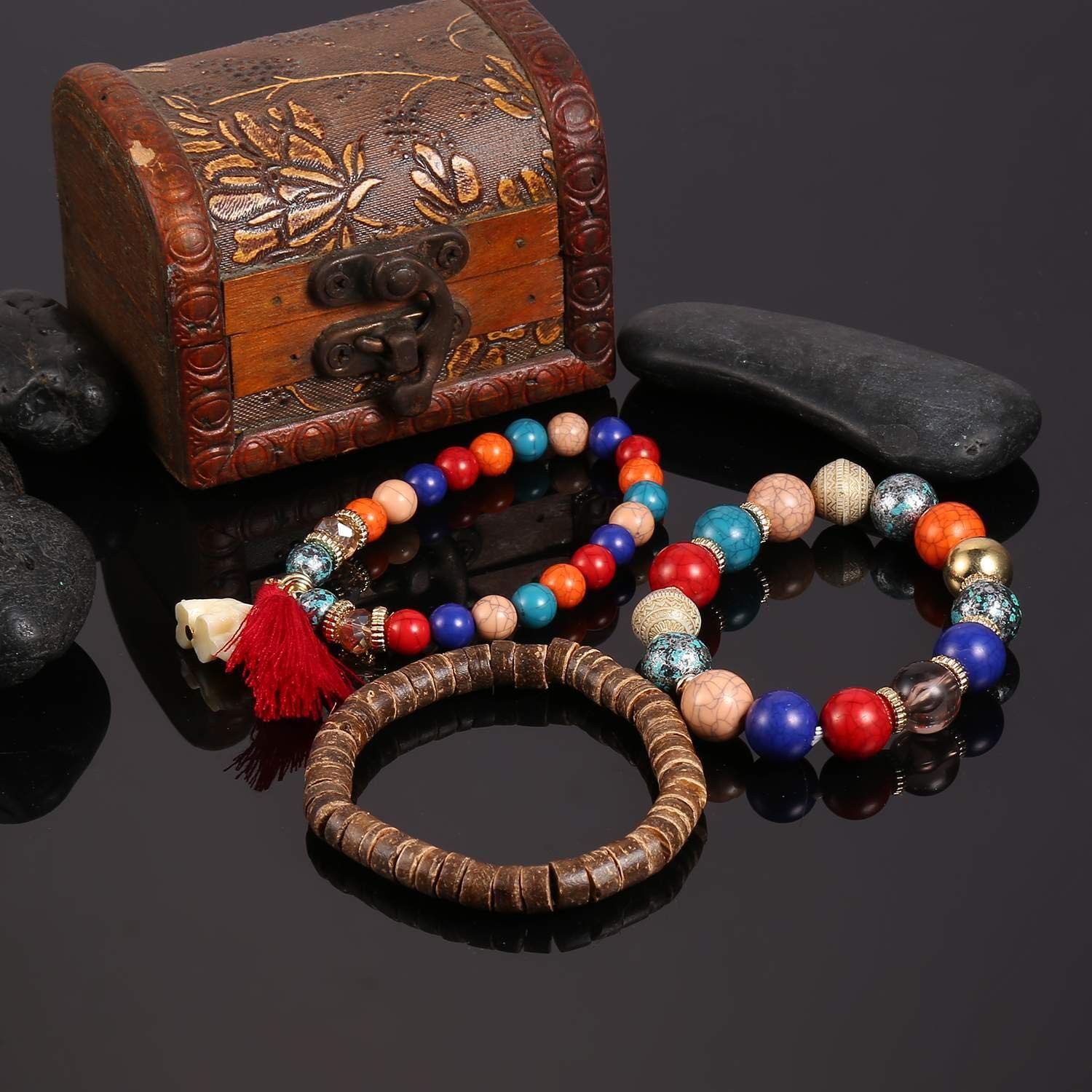 Idomeo Women Fashion Wood Beads Bracelets Boho Small Elephant Charm Bracelets Set Vintage Style Jewelry Strand