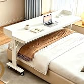 Qolizlit 59.1" Overbed Table with Wheels, Hand Crank Height Adjustment | This overbed table features thick solid wood panel &amp; heavy-duty steel frame, Ideal for home bedrooms，hospital.