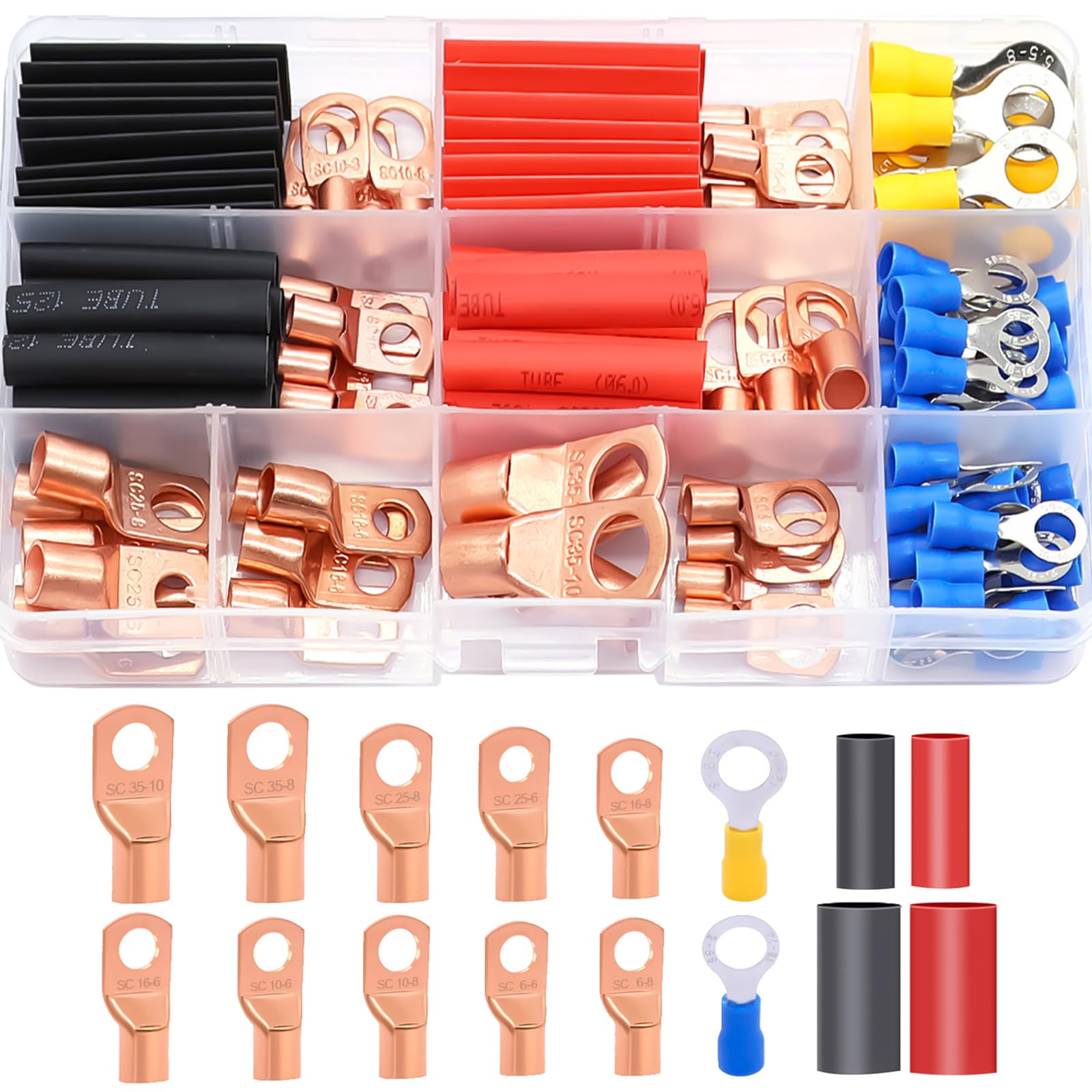 Photo 1 of Twidec/110PCS Battery Cable Ends AWG 2 4 6 8 10 12 14 16 Gauge Copper Cable Wire Lugs,Ring Terminals Connectors,Copper Ring Terminals with Heat Shrink N-067-110PCS
