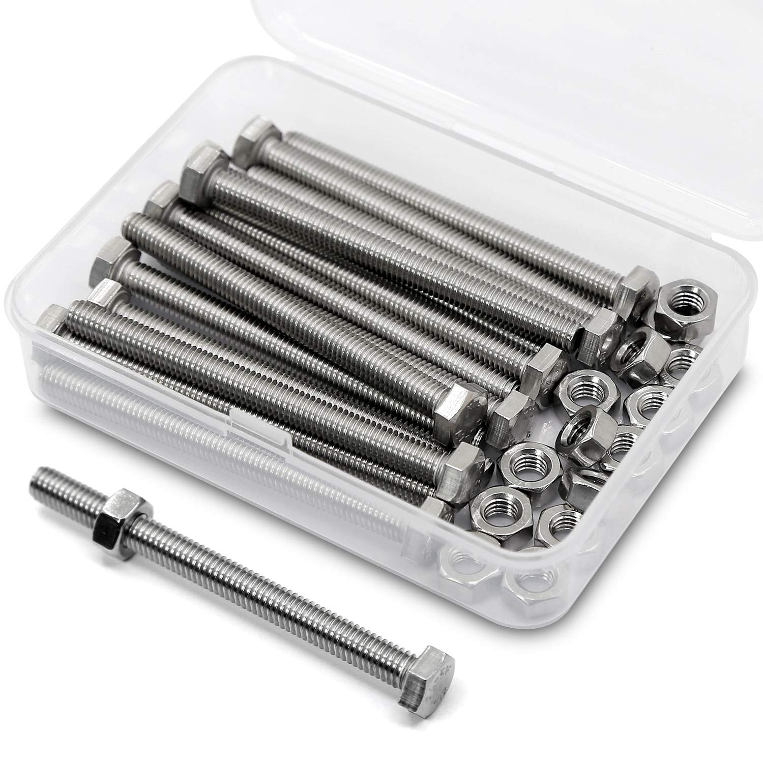 M6 x 70mm 15PCS Hex Head Screws Bolts and Nuts Set, 304 Stainless Steel 18-8, Full Thread, Bright Finish, Machine Thread