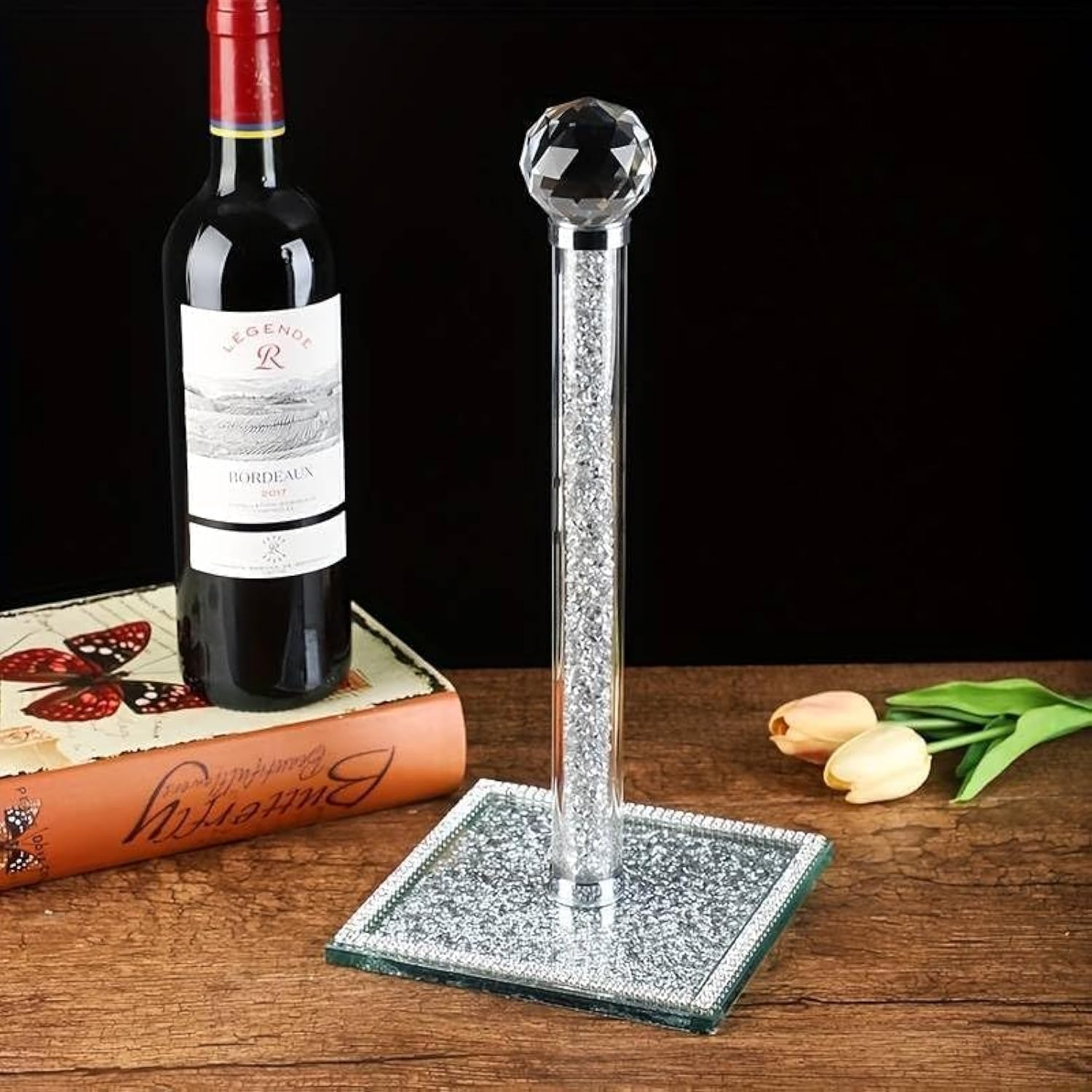 Silver Crushed Diamond Kitchen Paper Holder - Free-Standing Elegance for Paper Towels, Plastic Wrap, and Tissue Rolls | Stylish Glass Organizer with Square Base | Enhance Your Countertop Storage